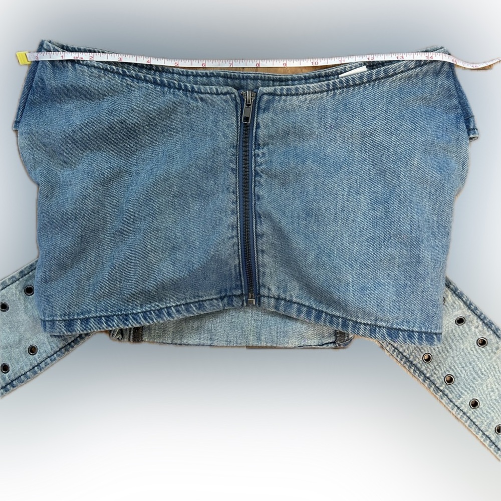 NWT Fashion Nova SZ XS blue denim strapless top w/belt accents/rear zip/bust 28” - Picture 11 of 12